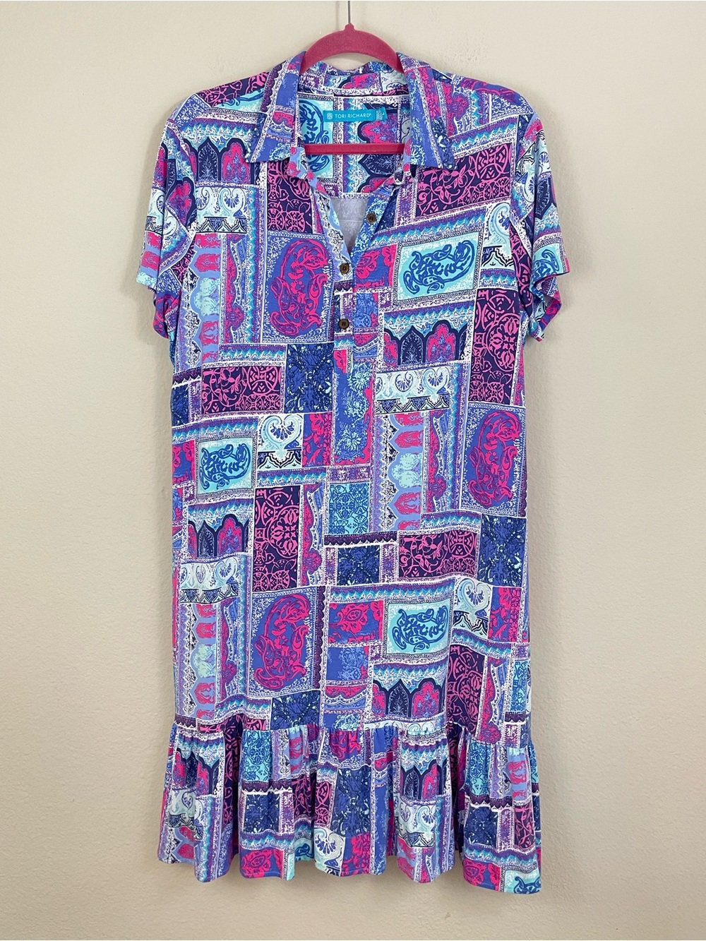 Tori Richard Paisley Patchwork Tiered Tropical Dress in Pink & Blue Size Large
